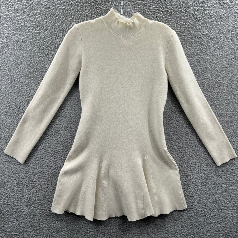Lulus Womens Sweater Dress L Cream Ribbed Knit Mock Neck Flounce Cozy Minimalist